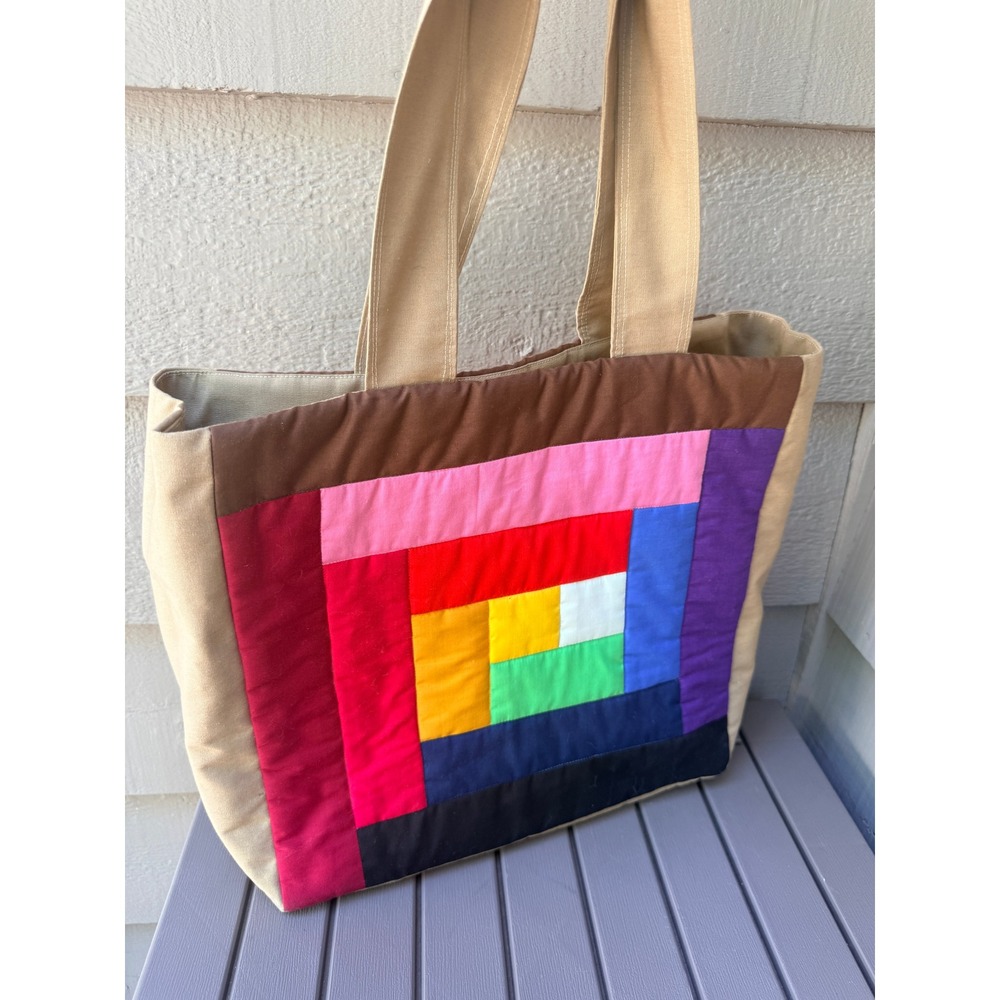 Vintage Handmade Quilted Patchwork Rainbow Tote Bag Large Tan BN